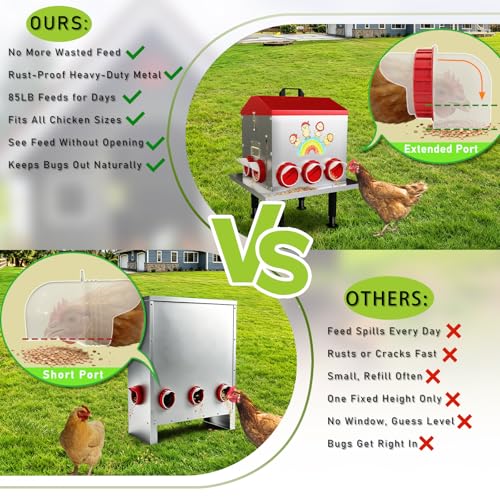 StellarStar 85LB Large Automatic Chicken Feeder with Window | 10 Ports, No-Waste Tray, Adjustable Legs & Locking Lid, Rust-Proof Metal, Waterproof Poultry Feeder for Chickens/Ducks/Geese