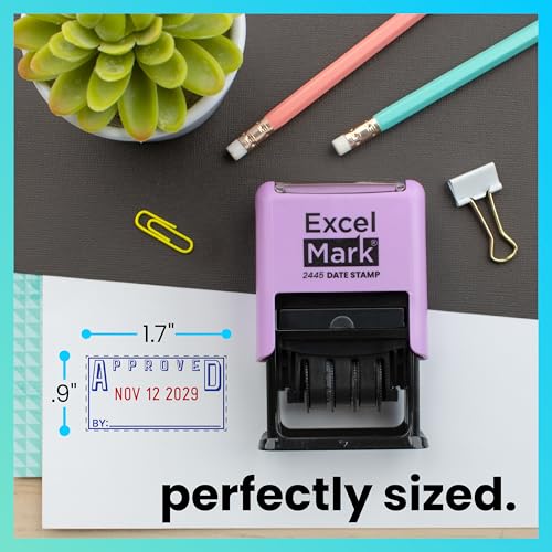 ExcelMark 2445 Date Stamp with Text - Blue and Red Ink (Violet Mount, Approved) - color: Violet Mount, size: Approved