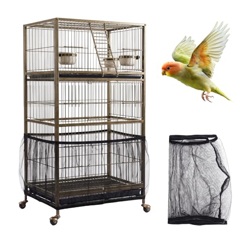 Bird Cage Cover,Bird Cage Seed Catcher,Durable Airy Nylon Mesh Net, Adjustable Birdcage Cover Skirt Seed Guard for Parrot Cockatiel Parakeet Pigeon Big Round Square Cages(Black) - color: Black