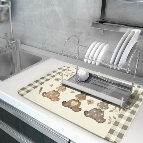 Giwawa Happy Easter Dish Drying Mat for Countertop, 18"x24" Cute Bunny Rabbits Eggs Carrot Dish Drainer Mats, Bufflao Plaids Fast Dry Microfiber Large Dish Drying Pad Kitchen Accessories Decor - size: 24" x 18"