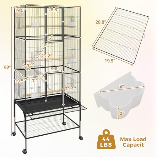 69" H Large Bird Cage, Bird Cage with 3-Tier Platforms, Ladders, Perches, Feeder, Wide Birdcage for Parakeets, Conures, Lovebirds, Quaker, Cockatiels, Budgie, Black - size: 31.5"L x 23.6"W x 65.8"H