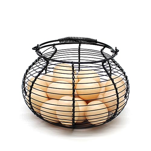 Elegant Wire Egg Basket with swimming Handle Primitives Vintage Gathering Basket. Black - size: 7-3/4" Dia. x 5" H - Black