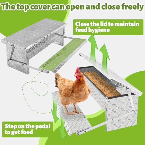 Treadle Chicken Feeder Automatic Large Poultry Feeders Capacity Treadle Self Opening Pou with Weatherproof Lid Rain Cover for Roosters Pheasant Chicken Outdoor Coop Silver Full Aluminum(11lbs/5000g) - size: 11LB Capacity