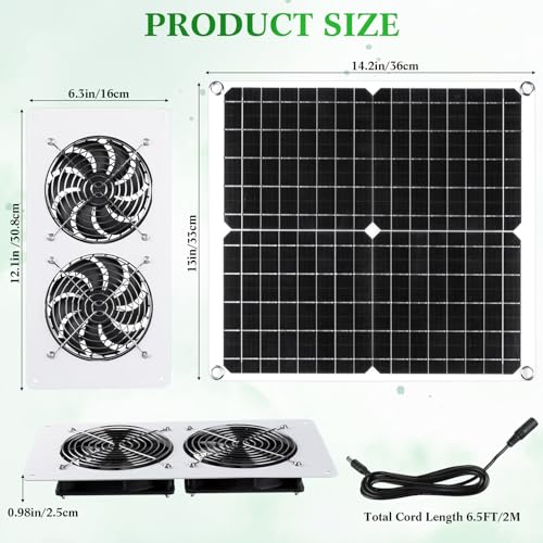 Rossesay 2 Sets 25W 12V Solar Powered Fan for Chicken Coop Waterproof Solar Panel Exhaust Fans USB Portable Metal Shell for Shed Greenhouse Outside Air Ventilation Pet Dog House