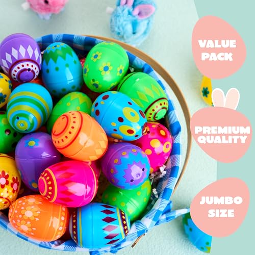 JOYIN 100 Pcs Plastic Printed Bright Easter Eggs 2.3" Tall for Easter Hunt, Basket Stuffers Fillers, Classroom Prize Supplies, Filling Treats and Party Favor