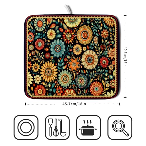 Bohemian Style Flowers Drying Pad Boho Floral Dish Drying Mat for Kitchen Counter Absorbent Microfiber Drainer Rack Mat - color: Boho Floral Black, size: 18" x 16"