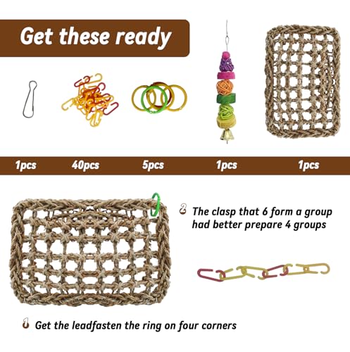 Bird Swing Toy Seagrass Mat, Natural Sea-Weed Woven Parrot Hammock Swing Bird Net Hammock Mat Climbing Swing Mat with Colorful Chewing Rope Toys for Parakeets, Budgie,Conure,Cockatiel,Lovebird