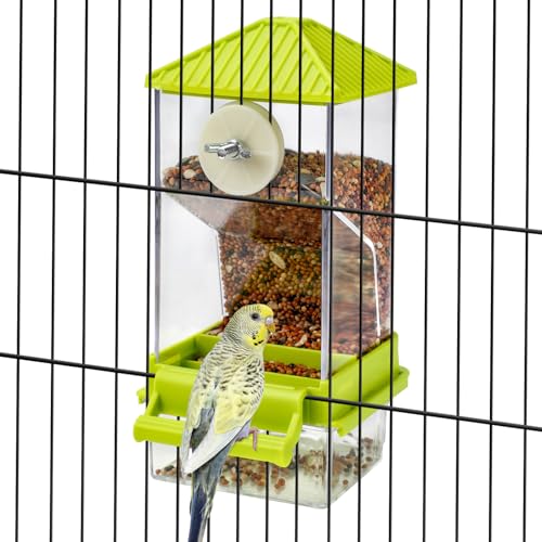 Rypet No-Mess Automatic Bird Feeder for Cage, Parrot Cage Accessories | Transparent Acrylic Food Dispenser, Helps Reduce Seed Scatter, for Parakeet Cockatiel Parrot Canary - color: Transparent A80 Green