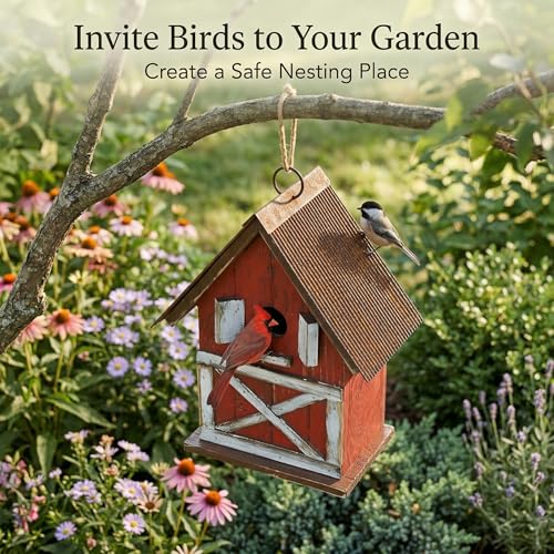 Topadorn Rustic Barn-Style Wooden Birdhouse, 10.5" Hanging Bird House | Bird House with Metal Roof, Easy Clean for Bluebirds Cardinals Chickadees, Outdoor Garden Decor