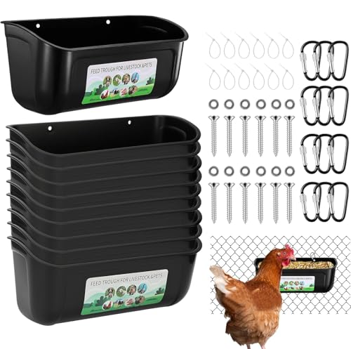 Chicken Feeder Waterer, 10 Pack Duck Feeder Supplies, Hanging Fence Feed Trough with Clips for Goat, Sheeple, Piglet, Gooses, Turkeys, Dog Livestock Poultry, Black - color: 10 pack Black