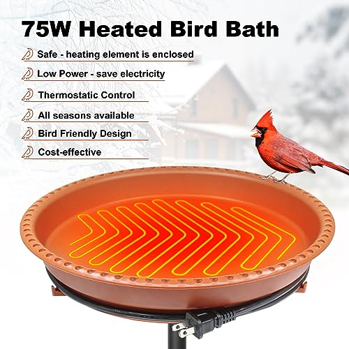 BIRD WISH Heated Bird Bath, Stable 5-Prong Metal Base Thermostat Control Weather Resistance All Seasons Available 75W Heated Bird Baths for Outdoors for Winter Garden Yard Patio Lawn, Terracotta - color: Terracotta