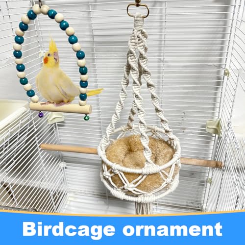 Warm Bird Cage Bird Nest, Bohemian Style Cotton Woven Hanging Small Bird Bed for Cage, Warm Nest for Canary, Lovebird, Budgie, Finch (Beige)