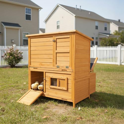2-Story Chicken Coop for 6-8 Chickens, Sturdy and Easy to Assemble | Spacious 3 Nesting Boxes, Easy-To-Clean Pull-Out 2 Trays, Featuring A Foldable Ramp, And Asphalt Roof