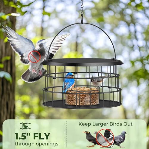 Hanging Bird Feeder, Metal Caged Squirrel Proof Bluebird Feeders Metal Mesh | All Metal, Cage Mealworm Bird Feeder with Tray, Squirrel Proof & Weatherproof, Easy to Refill & Clean