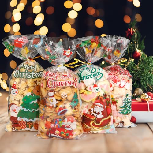 Yicelerate Christmas Cellophane Treat Bags, 100 PCS Christmas Gift Bags, Clear Plastic Cello Xmas Tree Candy Cookie Snacks Bakery Goodie Bags With 100 PCS Ties for Xmas Holiday Party Favors Supplies - color: Christmas, size: 1 count (Pack of 100)