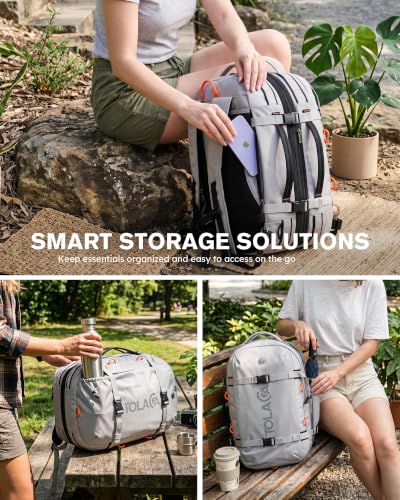 Tolaccea Travel Backpack 40-50L, 16" Laptop Carry On Duffle for Travel Work | 40-50L Expandable, TSA Approved 180° Open, 3L Wet-Dry Pocket, RPET Fabric, 3-in-1 Convertible Carrying, Detachable Waist Belt - color: Light Gray