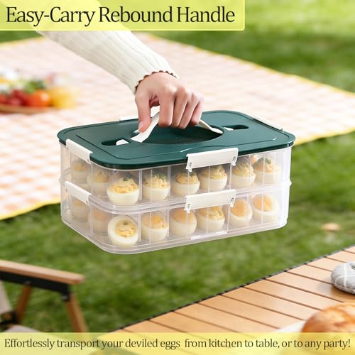 VitalYang Deviled Egg Container with Lid, Double Layer Egg Container, 36 Count Deviled Egg Tray- Secure Lock & Handle, Stackable, Leak-Proof Design for Parties & Catering, Green - color: Green