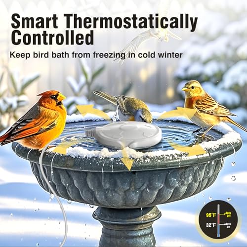 Bird Bath Heater for Outdoors in Winter, 120W Birdbath Heaters for Outdoor Bird Bath Deicer Pond De-icer with Thermostatically Control, Heated Bird Bath Water Heater for Bird Chicken Livestock (White)