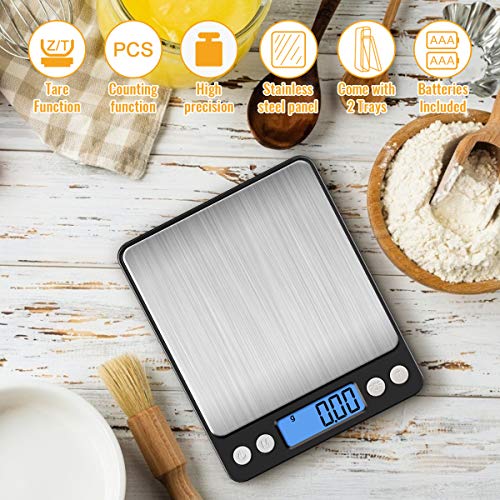 Diyife Digital Kitchen Scale 500g/0.01g, High Precision Cooking Food Scale | Mini Gram Scale with LCD Display, 2 Trays, 6 Units, Auto Off, Tare Function, Christmas Gift (Batteries Included) (Black) - color: Black