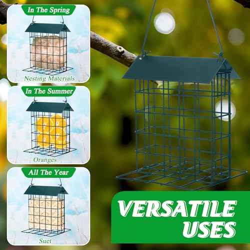 Nuogo 4 Pcs Wild Bird Feeder Squirrel Proof Outdoor Hanging Suet Holder with Metal Roof and Platform Outside Cake Suet Feeder Rainproof Cage for Oriole Hummingbird Chickadee Nuthatch(Dark Green)