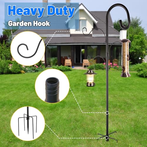 4-Hook Shepards Hooks for Outdoor,Adjustable 92 Inch Bird Feeder Pole with 5 Base Prongs,Garden Planter Stakes Suitable for Garden in Hanging Flower Basket,Lantern,Outdoor Décor