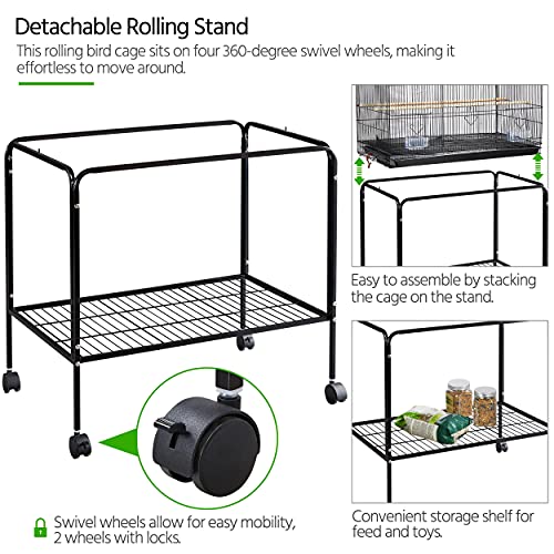 Yaheetech 47-inch Rolling Breeding Flight Bird Cages for Parakeets Budgies Finches Cockatiels Conures Lovebirds Canaries Parrots w/Detachable Stand, Black