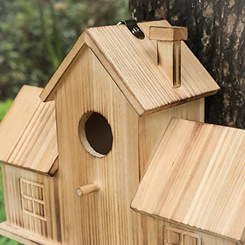 Bird Houses for Outside 3 Hole Bird House Room for 3 Bird Families Outdoor Bluebird Finch Cardinals Wooden Hanging Birdhouse for Garden