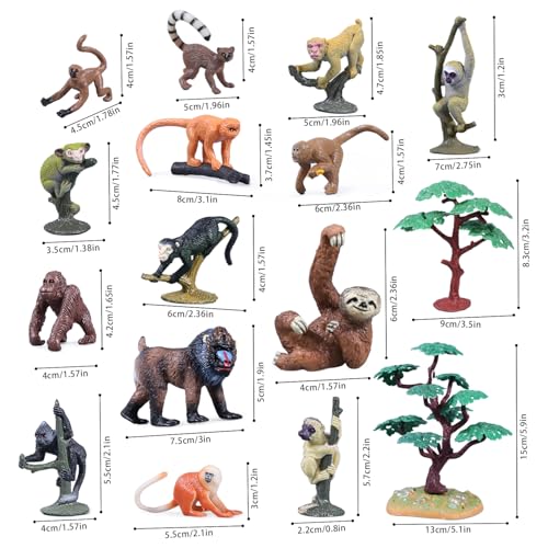 16pcs Monkey Figurines Realistic Primate Animal Toys for Kids Gift | Gorilla Figures with Trees for School Project, Pretend Play, Cake Decoration, Non-Toxic Solid Hand-painted Lifelike Details - style: Monkey