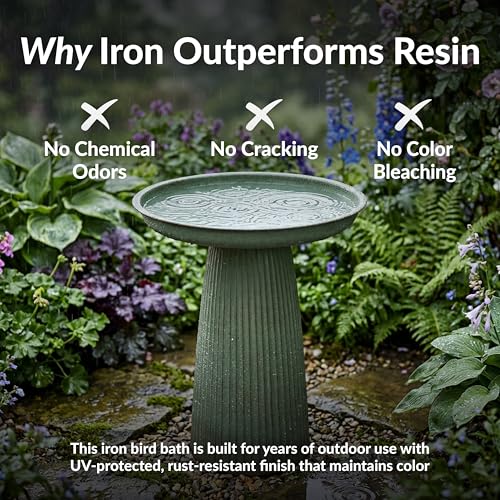 Sunnydaze Modern Bird Bath for Outside, Iron, 23” H, Matte Green | UV & Rust-Resistant Matte Finish, Durable Iron,1 Gal Water Cap, Outdoor Birdbath for Garden, Pedestal Bird Bath with Bowl - color: Matte Green