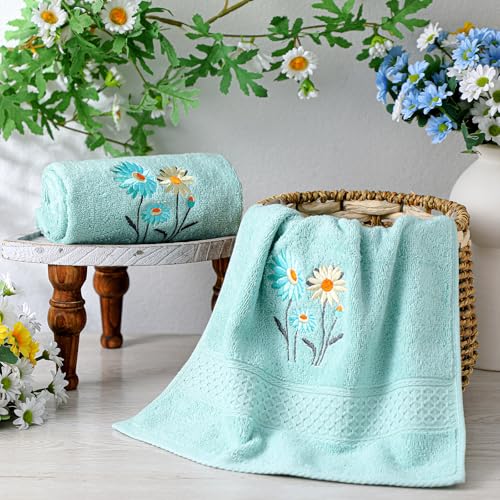 SmoothNovelty 2 Pcs Daisy Hand Towels Teal Bathroom Decor 14x29 Inch | Embroidered Flower Bathroom Hand Towels, 100% Cotton, Soft Absorbent, Spring Summer Bathroom Kitchen Decor - style: Daisy Flower