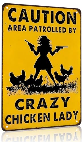Smilelife Funny Chicken Gifts Caution Area Patrolled By A Crazy Chicken Lady Tin Sign for Home Farm Chicken Coop Farmhouse Kicthen Garden Decor 8 X 12 Inch (3620) - color: Yellow