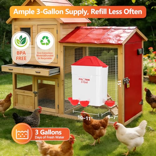 3 Gallon Chicken Waterer and Feeder Set, No Waste Poultry Feeding | 2.75' Automatic Cups & 3.5" Feed Ports for Large Beaks, Anti-Roost Cone, Standing/Hanging Use, Easy No-Tools Assembly
