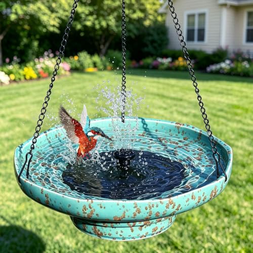Ceramic Hanging Solar Bird Bath,Fountain Bird Bath Hanging for Outside | 11.6" Solar Hanging Bird Bath,Weather-Resistant Vintage BirdBaths Decorfor Garden Patio Yard Deck Lawn (blue) - color: Light Blue
