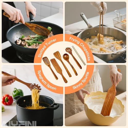 Non-Toxic Wooden Kitchen Utensils Set, 15.4" Long Handle Wood Spatula for Cooking, Egg Flipper Fish Turner Spatula for Non Stick Frying Pan, with Chopsticks, Soup Ladle, Pasta Spoon, Holder, Rest