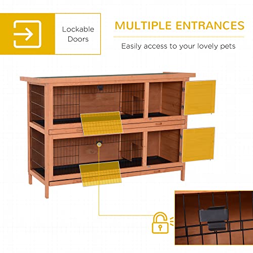 PawHut 54" 2-Story Large Rabbit Hutch Bunny Cage Wooden Pet House Small Animal Habitat with Lockable Doors, No Leak Tray and waterproof Roof for Outdoor/Indoor Orange | Wooden Pet House, Small Animal Habitat, No Leak Tray, Waterproof Roof, for Chickens Du
