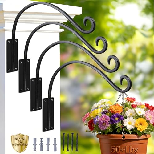 Heavy Duty 12 Inch Plant Hangers Bracket Outdoor 4 Pack Bird Feeder Hanger | 50LBS Capacity, Rust-Proof Metal Wall Hook, Outdoor Hand-Forged, For Hanging Plants, Bird Feeder, Wind Chime, Flower Baskets - size: 12in-4Pack