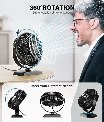 JZCreater USB Desk Fan, USB Fan Mini, 360 Rotation Desktop Fan with 3 Speed, Table Personal Cooling Fan, Quiet Mini Desk Fan, USB Powered, Small Fan for Home Office Bedroom Car Travel,Black+Black - color: 282-Black+Black