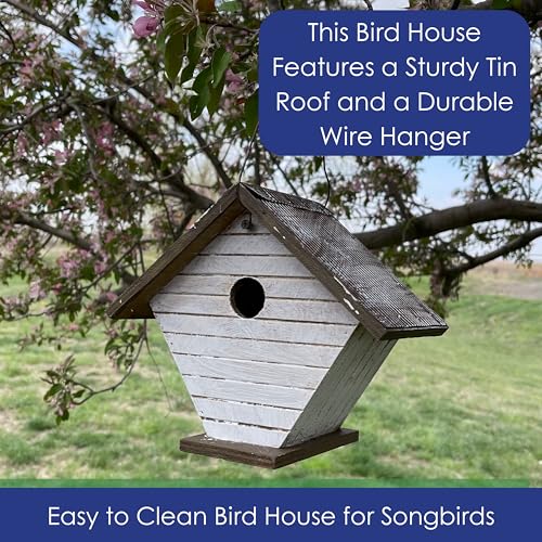 Shiplap Wren House - White Wood | 1.125-Inch Entrance Hole Sized for Wrens - Rear Clean-Out, Cable Hanger, Arrives Fully Assembled
