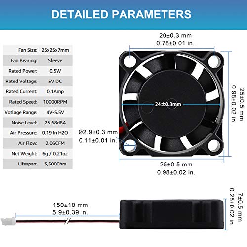 GDSTIME 25mm 5V Fan 25x25x7mm 2-Pin Mini Brushless DC Cooling Fans 2-Pack | for Raspberry Pi, Tight Space, DIY Projects - 10000 RPM, PH2.0-2Pin, 2507
