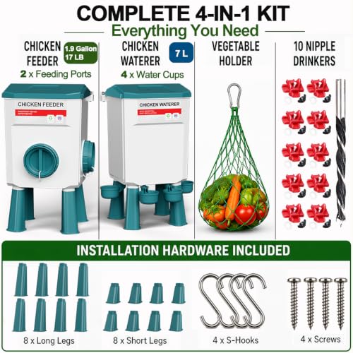 Chicken Feeder and Waterer Set, Automatic No Waste Poultry Feeding System, 17 lb Feeder & 7L Waterer, 4-in-1 Chicken Coop Kit with Vegetable Holder for Chickens, Ducks & Quail