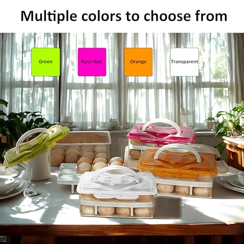 Ortable Large Capacity Double-layers Egg Storage Container Holds 24 Eggs Shatter-proof Non-slip Eggs Holder with Handle (Green) - color: Green