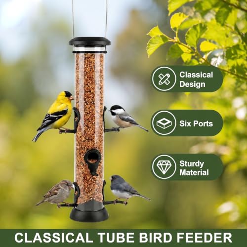 CHILDLION Tube Feeder, Squirrel Proof Bird Feeders for Outside,Hanging 6 Port Tube Bird Feeder Transparent Finch Bird Feeder for Attracting Birds in Your Lawn, Garden, Balcony (20 inch - 1 Pack)
