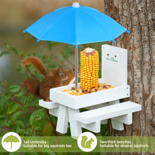 Squirrel Feeder Table with Umbrella, Wooden Squirrel Picnic Table Feeder, Durable Squirrel Feeder Corn Cob Holder, with Solid Structure and 2 x Thick Benches(White&Blue) - color: White&Blue