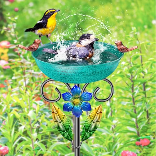 Metal Outside Bird Bath, 42“ Freestanding Garden Birdbath for Outdoor,Green | SHUONIVS Bird Baths Feeder Bowl Detachable Decoration Spa Birdfeeder forPatio Yard Lawn Decor, 10" Dia Bowl with Stake - style: Retro Green
