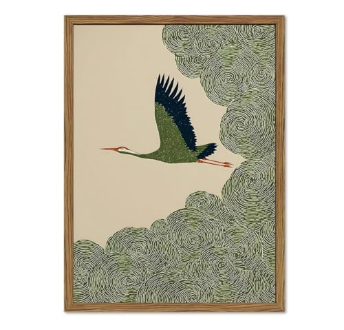 Japanese Crane Wall Art, Vintage Japan Bird Wall Decor Painting Rustic Green Flying Crane Poster Canvas Prints Picture for Bedroom Living Room Farmhouse 12x16 inch Wood Framed - color: Animal-L, size: 16"L x 12"W