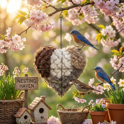 Handmade Alpaca Fiber Bird Nesting Heart, Heart-Shaped Hummingbird nest that can be Filled with Nesting Material, Winter Tree Shelter for Wild Bird, Bird's Nest Material Storage Box