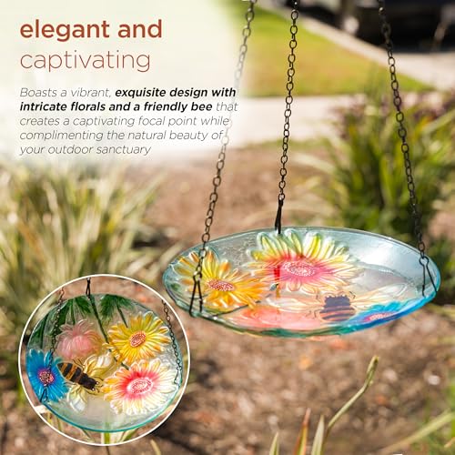 Alpine Corporation KBD126 Outdoor Hanging Glass Bird Feeder and Birdbath, Floral and Bee Bowl Design with Chain, 10" W - style: Floral and Bee
