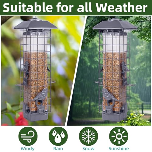 Squirrel Proof Bird Feeder, Metal Mesh Bird Feeder for Outside, Large Capacity and 4 Ports Perches (Silver Gray) - color: Gray