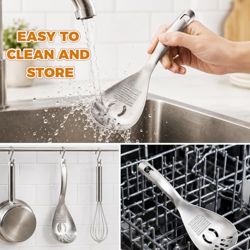 Multifunctional 5-in-1 Cooking Spoon with Cleaning Brush, 18/8 304 Stainless Steel Slotted Spoon, Kitchen Utensil for Potato Masher, Egg Separator, Bottle Opener, Mixing Stirrer