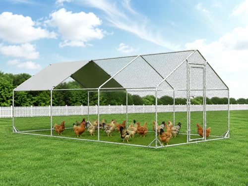 4ever2buy Metal Chicken Coop, 10x20 FT Walk-in Chicken Run Pen Poultry Cage, Water-Resistant & Anti-UV Cover, Large Chicken Coop for 18-22 Chickens - size: 236.4"L x 117.6"W x 76.8"H